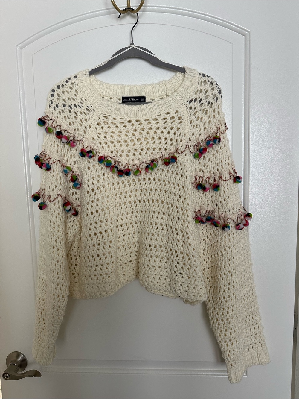 Zara Cream Open-Knit Sweater with Multicolor Pom Trim